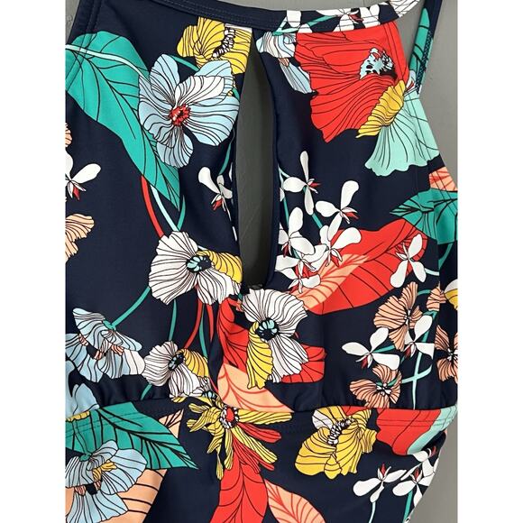 Ellen Tracy Keyhole High Neck One Piece Swimsuit Tropical Floral Size 6 Ruching - Picture 6 of 16